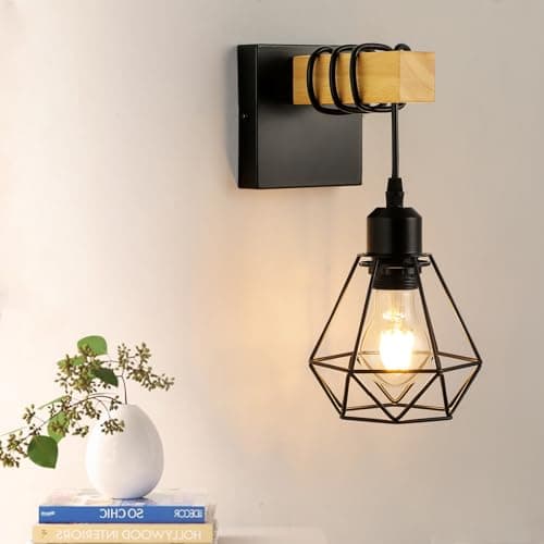 Image of FORCOSO Wall Lights Indoor, Vintage Wood Lamp Black Brown, E27 Sconce Lights, Industrial Wall Mounted Lights Fittings, Rustic Lighting Fixtures for Living Room Bedrooms Hallway Stair