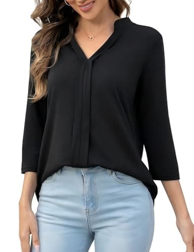 Image of FaerieFlair 3/4 Length Sleeve Womens Tops V-Neck Dressy Casual Blouses 2026 Fashion Summer Shirts Loose Fit Business Casual Outfits Elegant Work Office Clothes Size 10-12 Black