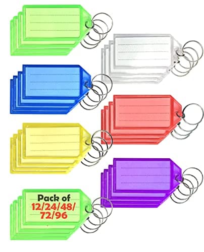 Image of 12/24/48/96 Pack Key Tags with Labels, Key Rings with Tags, Plastic Key Labels, 6 Colours - Ideal for Luggage, ID, Name, Label - for Home, Office, and School (12)