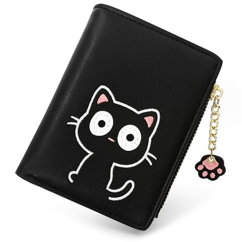 Image of SNCCJ Cute Wallets for Women, Bifold RFID Blocking Small Womens Wallet with Zipper Coin Pocket (Black Embroidered Cat)