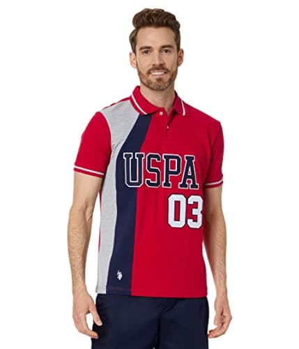 Image of U.S. POLO ASSN. mens Slim Fit Curved Piecing Pique Knit Polo, Engine Red, Medium