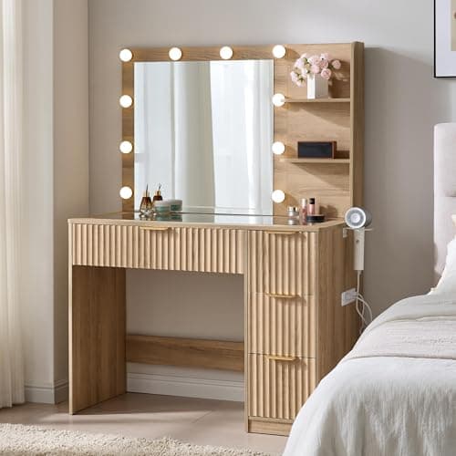 Image of LUXOAK Fluted Dressing Table with Mirror and Adjustable LED Lights, 4 Spacious Drawers Makeup Vanity with Glass Top & Charging Station for Women & Girls, Bedroom or Student Accommodation, Natural Oak