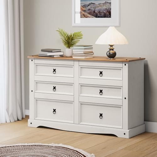 Image of Corona White Painted Wax 3+3 Chest Of Drawers Solid Wood Pine Wooden 6 Bedroom Storage Deep Drawer Large Sideboard Dresser Unit Kitchen Living Room Shabby Chic Mexican 83cm High 132cm Wide 43cm Deep
