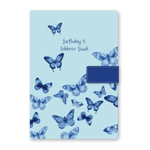 Image of Telephone Address Book A-Z Index Beautiful Fabric Vintage Style Cover A5 Hardback Address Book with Magnetic Lock (Blue Butterfly)