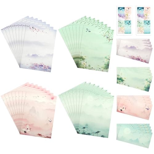 Image of Chinese Style Writing Stationery Paper with Envelopes Set,32 Sheet Vintage Floral Chinese Landscape Painting A4 Writing Letter Paper and 16 Pcs Envelopes Sticker for Kids Student School Office