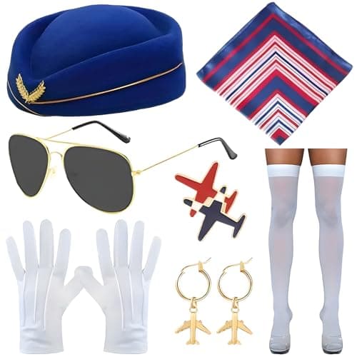 Image of 7 Pcs Air Hostess Costume Women Accessories Set, Flight Attendant Costume with Stewardess Hat Scarves Brooch Glasses Earrings Gloves Stockings Cosplay Outfit for Adults Girls Cosplay Dress up Party