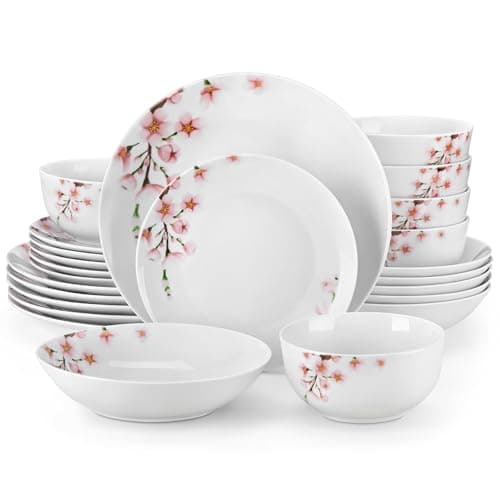 Image of VEWEET Porcelain Dinnerware Sets for 6, 24 Pieces Plates and Bowls Set with Flowers, Dishes Set Dining Ware for Dinner, Microwave and Dishwasher Safe, Series Annie