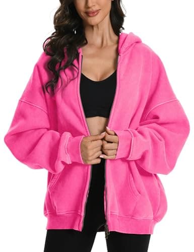 Image of FAIABLE Womens Mens Double Zip Up Hoodie Oversized Acid Wash Heavyweight Hoodie Distress Cotton Fleece Full Zipper Sweatshirt, Pink, Medium