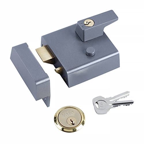 Image of Yale P-1-DMG-PB-60 Double Locking Nightlatch, 60 mm Backset, High Security, can be Locked from Inside with Key, Dark Metallic Finish/Polished Brass Cylinder