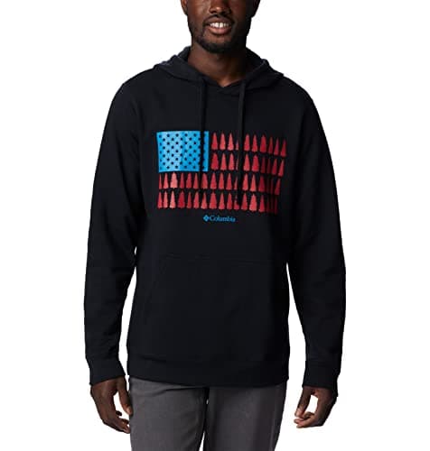 Image of Columbia Men's Trek Graphic Hoodie Hooded Sweatshirt, Black/Treestriped Flag, XL