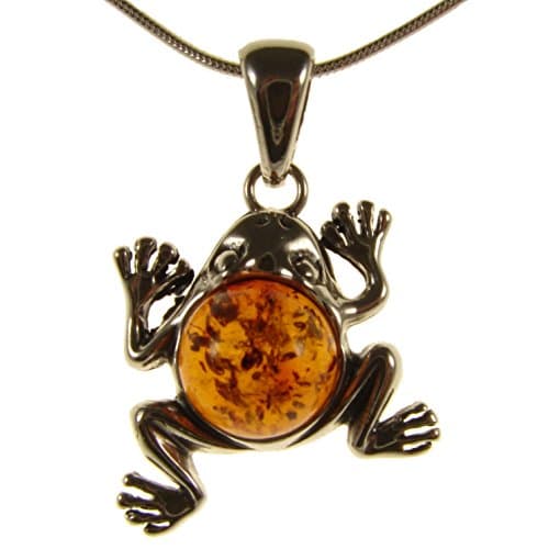 Image of Baltic amber and sterling silver 925 frog pendant necklace with 1mm Italian sterling silver 925 snake chain