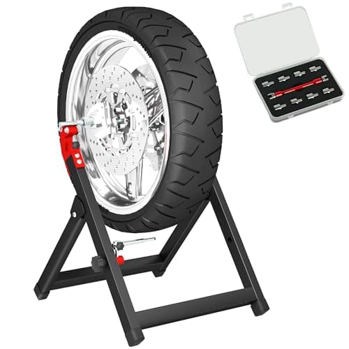 Image of HOMCOM Foldable Motorcycle Wheel Balancer Truing Stand with Spoke Wrench, Steel Bike Tyre Rim Balancing Stand with Aluminium Shaft, Fits Wheels up to 23" in Diameter, 5" in Width, Black
