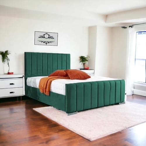 Image of Living Comfort Bedz | Upholstered Lined panel luxury bed | Plush Velvet lift-up storage bed | Stylish ottoman Small double bed frame with Elegant headboard Design (Green, Small Double Gas Lift)
