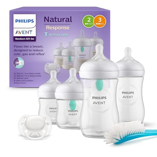 Image of Philips Avent AirFree Vent Baby Bottle Newborn Gift Set - 4 Baby Milk Bottles with Air-Free Vent, Ultra-Soft Pacifier and Bottle Brush, Babies Aged 0-12 Months+ (Model SCD657/11)
