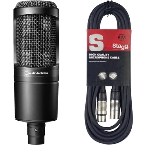 Image of Audio-Technica AT2020 Cardioid Condenser Microphone (XLR connection) for voiceover, podcasting, streaming and recording, Black & Stagg SMC6 6 metre standard microphone cable