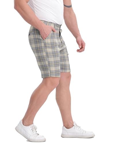 Image of ALLELMS Mens Plaid Shorts Slim Fit 9" Inseam Flat-Front Shorts Chinos Elastic Waist (34, Yellow)
