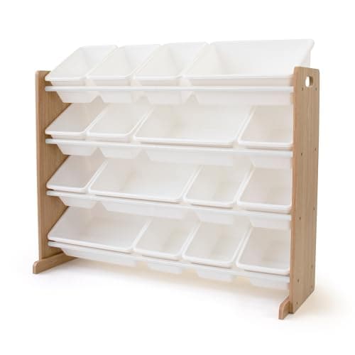 Image of Humble Crew Extra-Large Wooden Toy Storage Organiser for Children & Toddlers, with 16 BPA Free Plastic Removable Storage Bins, Ideal for Storing Toys, Games, Books and Craft Supplies- Natural /White