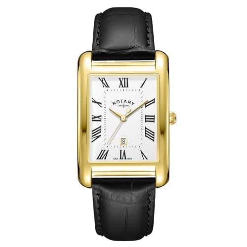 Image of Rotary Men's Heritage Astoria Rectangular Gold Plated Stainless Steel Case Black Leather Strap Watch