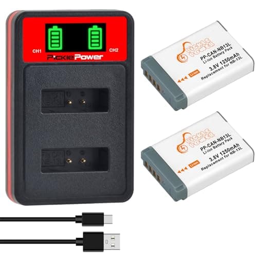 Image of Pickle Power 2-Pack NB-13L Battery and Dual USB Charger for Canon PowerShot G1 X Mark III, SX620 HS, SX720 HS, SX730 HS, SX740 HS, G7 X, G7 X Mark II, G5 X, G5 X Mark II, G9 X, G9 X Mark II Camera