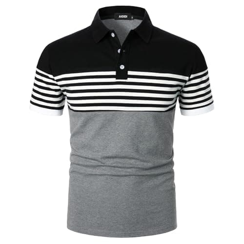 Image of YCUEUST Men's Cotton Color Blocked Short Sleeve Polo Golf Casual T-Shirt Top Y-Black-Grey M