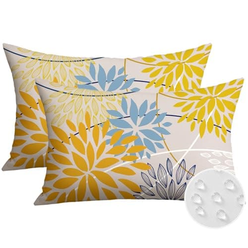 Image of JOTOM Outdoor Cushion Covers 30x50 cm Set of 2 Flowers Waterproof Decorative Throw Pillow Covers Floral Lumbar Pillowcases for Patio Sofa Couch Bench Tent Indoor Decoration Yellow Blue