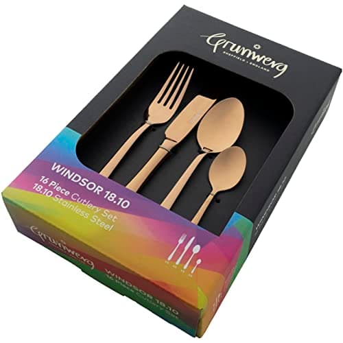 Image of Grunwerg Windsor 16 Piece Cutlery Set, Copper, 18/10 Stainless Steel, PVD Coating, 4 x Table Knives, Table Forks, Dessert Spoons, Teaspoons