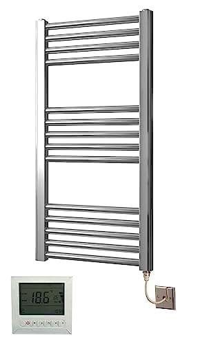 Image of Greened House Electric Chrome 400W x 800H Flat Towel Rail + Timer and Room Thermostat Bathroom Towel Rails