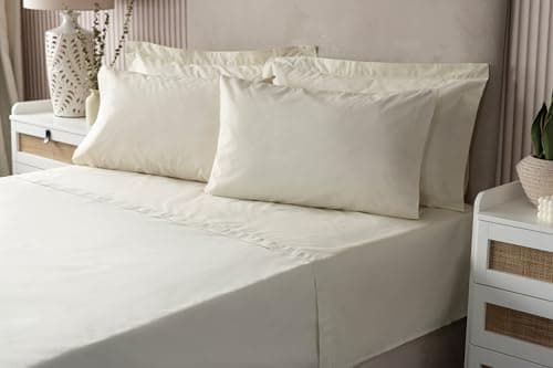 Image of Belledorm Luxury Fitted Bed Sheet With Matching FREE 2 X PILLOW CASE Plain Dyed Poly Cotton Percale Easy Care Bed Sheet Genuine 50% cotton 50% polyester (Single, Ivory)