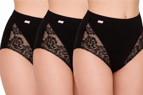 Image of Womens Maxi Briefs Cotton Knickers With Lace High Waisted Ladies Pants Full Coverage Underwear Soft Breathable Comfortable Everyday Multipack – 3 Pairs (UK, Numeric, 14, Regular, Regular, Black)