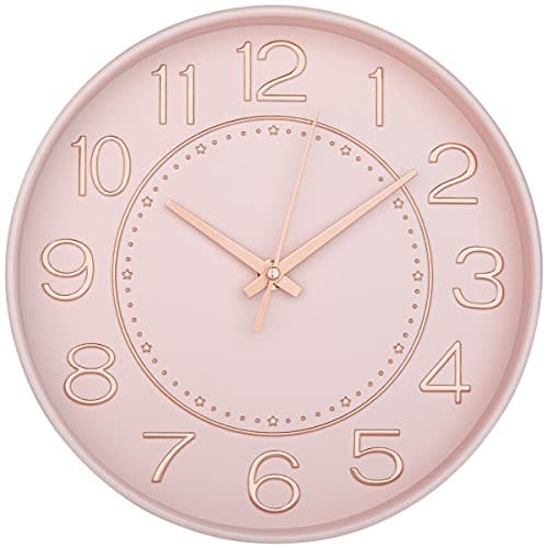 Image of HZDHCLH Wall Clock 10 Inch Silent Non Ticking Clock Round Wall Decor，Wall Clocks for Living Room Kitchen Office (Pink Gold)