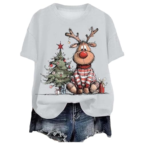 Image of Christmas T Shirt for Womens Funny Festive Printed Blouse Loose Fit Comfortable Xmas Pullover Ladies Short Sleeve Tshirts Christmas Crew Neck Casual Sweatshirts Basic Xmas Printed Tee (zA-White, XXXL)