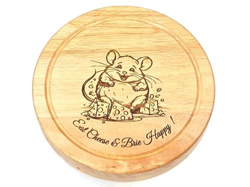 Image of Cathcart Elliot Personalised Engraved Round Wood Cheeseboard Set 19cm Mouse with Eat Cheese & Brie Happy