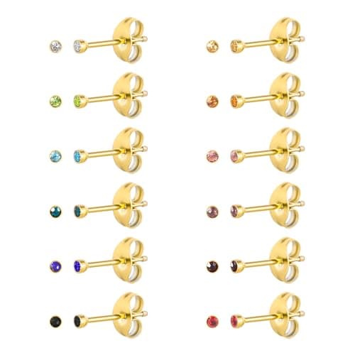 Image of 12 Pairs 18K Yellow Gold Plated Surgical Stainless Steel Stud Earring, CZ Stud Earrings for Women, Cubic Zirconia Birthstone Stud Earrings Set (Gold round 2mm)