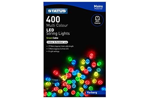 Image of Status Varberg 400 LED Multi-Colour String Lights, 37m Cable with 5m Lead, Mains-Powered IP44 Indoor and Outdoor Party Chain, Green Wire (VARBERG400MMC6)