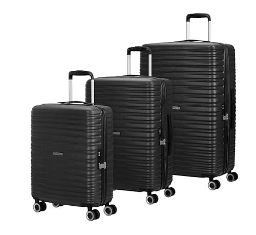 Image of American Tourister Aerotech - 3 piece Hard Shell Suitcase Set (Carry on, Medium, Large), Expandable, Trolley Set with TSA Lock - Black (Metallic Black)