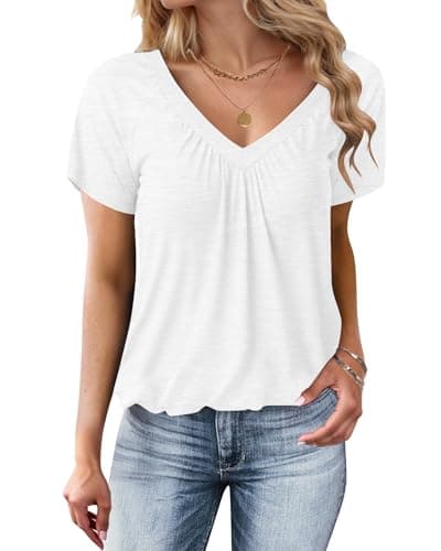 Image of WNEEDU Ladies Tops V Neck Short Sleeve T Shirts for Women UK Summer Casual Blouses Loose Fit Bubble Hem Tee Shirts Off-White L