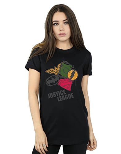 Image of DC Comics Women's Justice League Spray Logos Boyfriend Fit T-Shirt Black XX-Large
