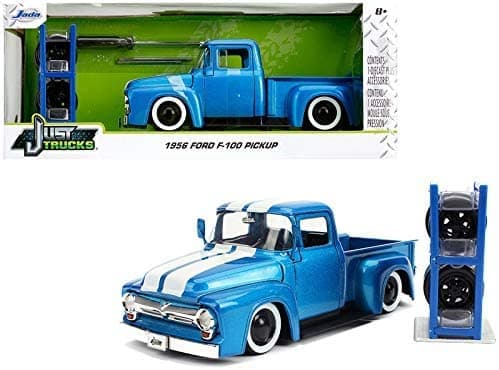 Image of 1956 F-100 Pickup Truck Metallic Light Blue with White Stripes and Extra Wheels Just Trucks Series 1/24 Diecast Model Car by Jada 31541