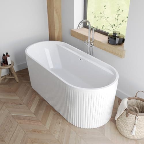 Image of BAYSTONE® 1700 x 750mm Freestanding Double Ended Bath Tub Fluted White Gloss Acrylic Luxury Curved for Bathroom Modern Includes Waste