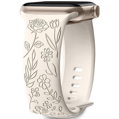 Image of Mastten Floral Engraved Strap Compatible with Apple Watch Straps 40mm 41mm 42mm 38mm Women, Soft Silicone Elegant Rose Floral Band for iWatch SE 3 2 1 Series 11 10 9 8 7 6 5 4 3 2 1, Starlight