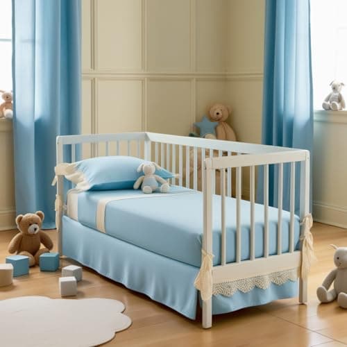 Image of Cot Bed Fitted Sheet 100% Cotton 200 Thread Count 15cm (Sky Blue, 70 x 140 cm/Cot Bed Sheet) Pack of 2