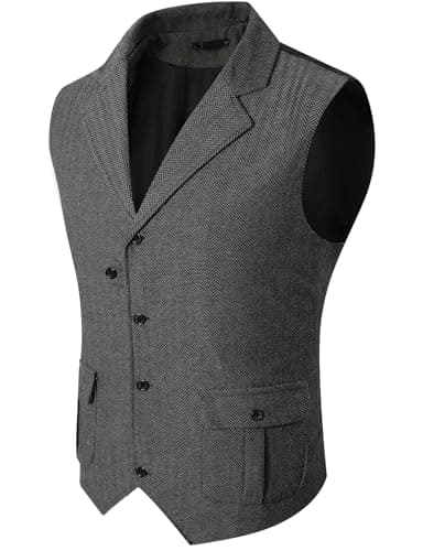 Image of mintgreen Men's Tweed Waistcoats, Vintage Herringbone V Neck Regular Fit Casual Suit Vest, Grey, S
