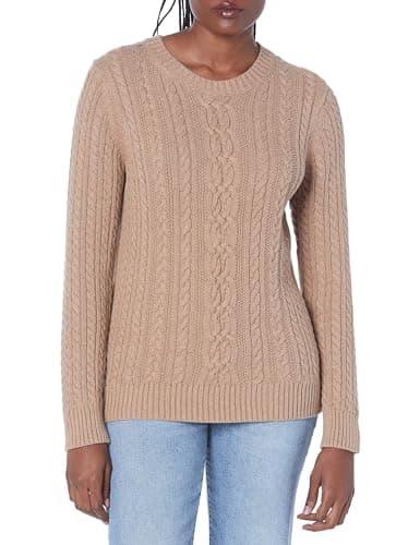 Image of Amazon Essentials Women's Fisherman Cable Knit Long-Sleeve Crewneck Jumper (Available in Plus Size), Camel Heather, L