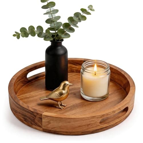 Image of BREEZENEST Round Acacia Wood Serving Tray with Handles, Large Rustic Wooden Serving Tray Platter for Drinks, Breakfast & Dinner, Decorative Coffee Table Tray for Home Decor, Serving Trays