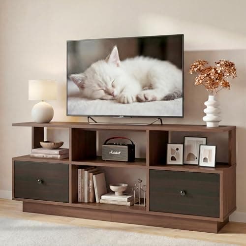 Image of Manora TV Stand Cabinet up to 55 inch,Tall TV Unit with 2 Foldable Linen Drawers,Large Capacity Storage TV table,4 Open Shelf for Living Room, Bedroom, Entertainment Room,Walnut