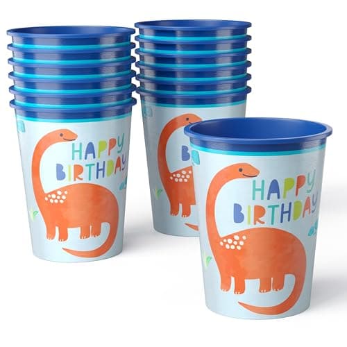 Image of Amscan Pack of 12 Reusable 16 oz Plastic Cups – Durable Party Cups for Kids, Stackable and BPA-Free – Fun Dinosaur Theme Design for Birthdays, Parties, Summer & More