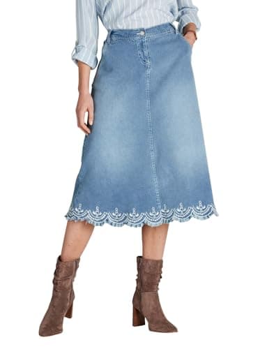 Image of Amber Ladies Embroidered Hem Denim Skirt with Scallop Hem, Elasticated Waist & Pockets Light Stonewash 12