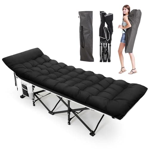 Image of Warmiehomy Oversized Camp Bed for Adults with Thick Pad, Folding Camping Cot with Carry Bags, Durable Sturdy Travel Cot, Portable Tent cot for Fishing, Hiking, Truck, Beach, Supports 616 lbs (Black)
