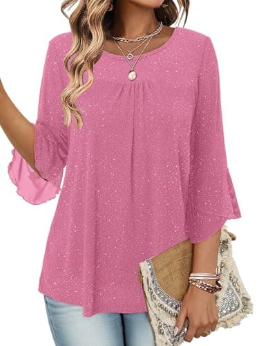 Image of KISSMODA Women's Ruffle 3/4 Sleeve Blouses Double Layers Mesh Tunic Tops Crew Neck Dressy Elegant Pleated Front Shirts for Ladies B Pink