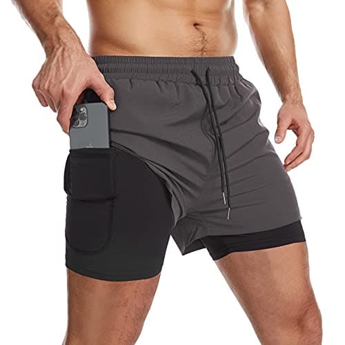 Image of Danfiki Mens Running Shorts Men's Gym Sports Short 2 in 1 with Phone Pocket Lightweight Quick Drying Grey